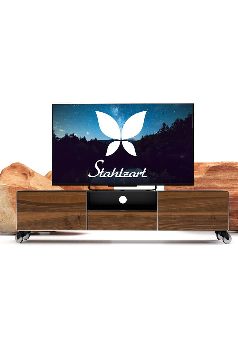 tv-lowboard-industrial-nussbaum-schwarz-grau-holz-massivholz-modern-160-cm-wohnzimmer-metall-design-hifi-mit-2-schubladen-klappe-rohstahl-stahlzart-dot-1