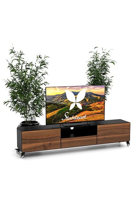 tv-lowboard-schwarz-holz-nussbaum-industrial-200-cm-massivholz-wohnzimmer-modern-design-mit-schubladen-klappe-rollen-dot-2-stahlzart