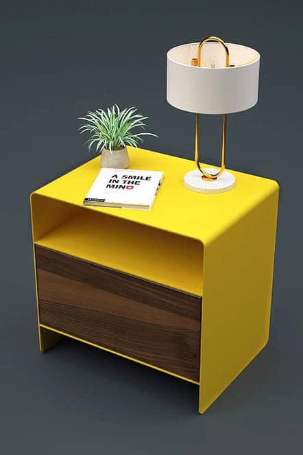 nachttisch-gelb-nussbaum-holz-rund-modern-schmal-metall-mit-schublade-industrial-kleiner-design-massivholz-walnuss-minimalistisch-aari-2-stahlzart